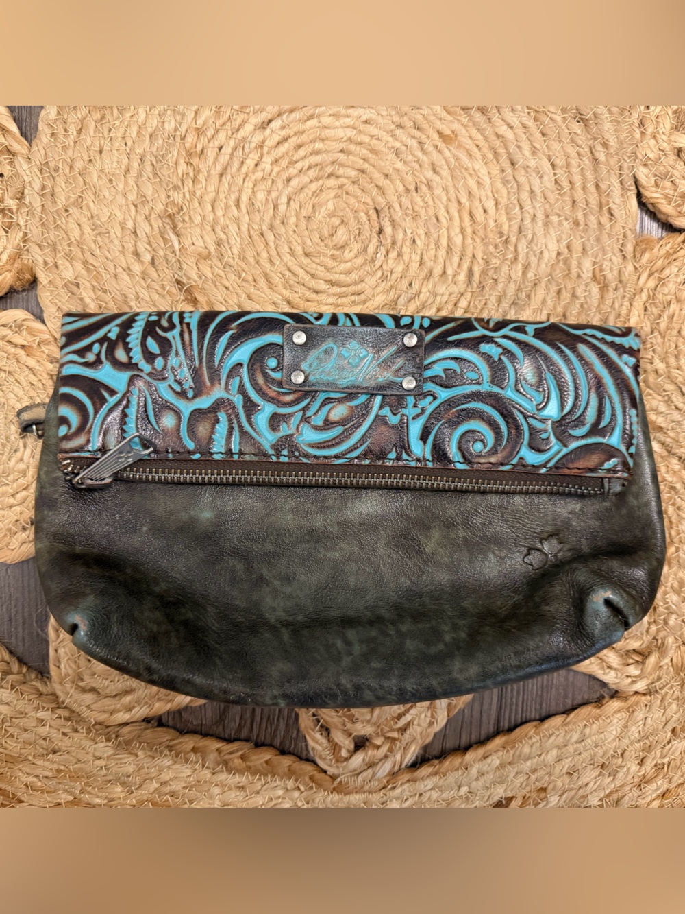 Patricia Nash Turquoise & Dark Brown Embossed Leather Clutch